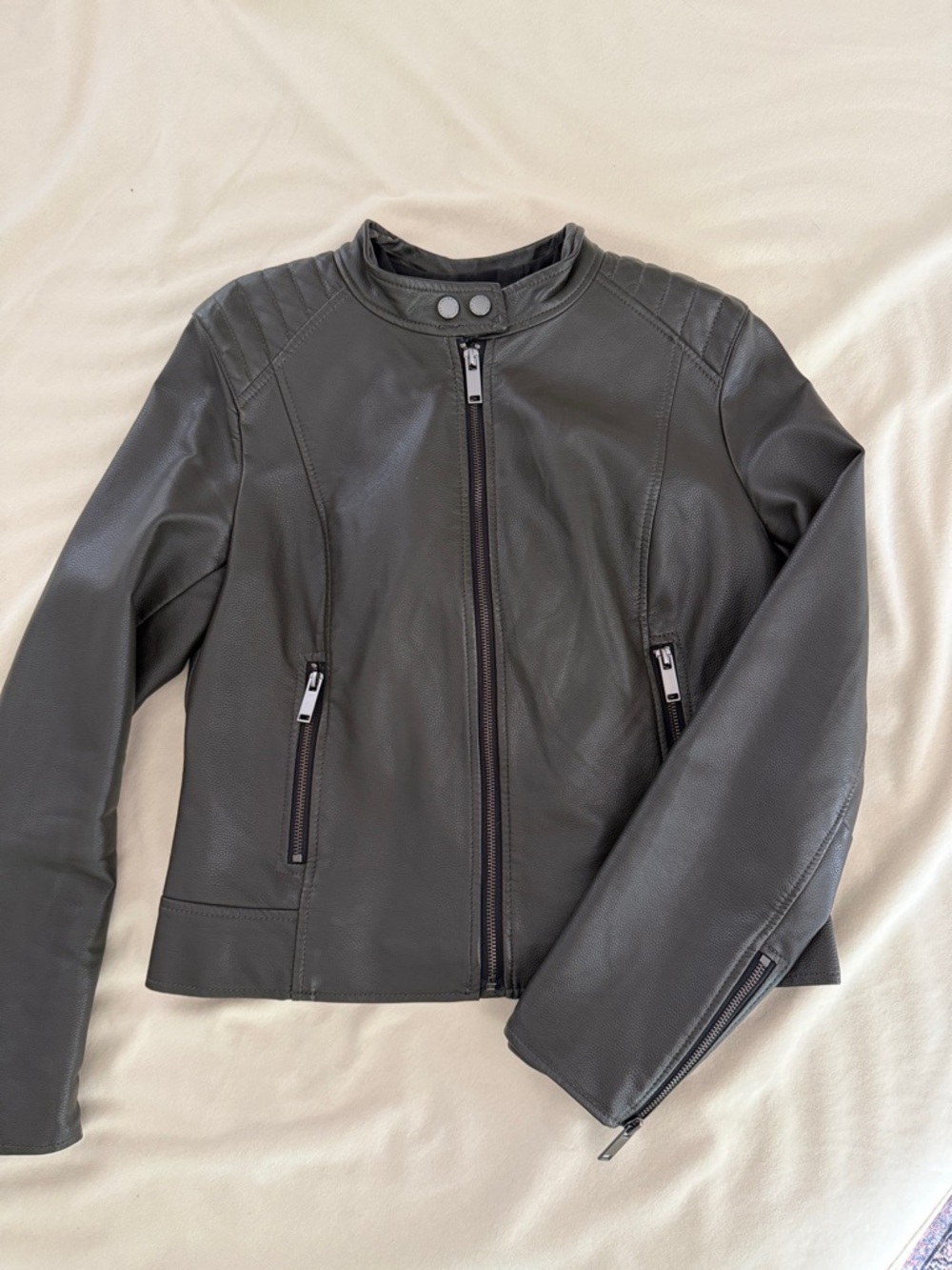 Womens Dark Olive Faux Leather Moto Jacket